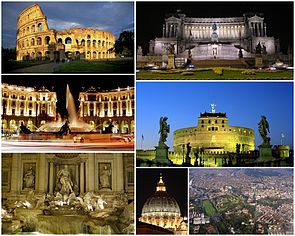 From top left clockwise: the Colosseum, the Monument to Vittorio Emanuele&nbsp;II, the Castel Sant'Angelo, an aerial view of the city's historic centre, the dome of St.&nbsp;Peter's Basilica, the Trevi Fountain, the Piazza della Repubblica.